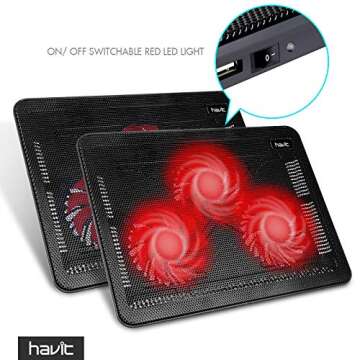 Havit HV-F2056 15.6-17 Inch Laptop Cooler Cooling Pad - Slim Portable USB Powered (3 Fans) (Black+Re...