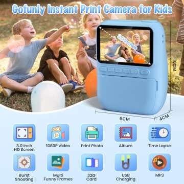 Kids Camera Instant Print, 3.0" HD 32MP Kids Camera Birthday Gifts for 3-12 Year Old Girls Boys, 1080P Digital Camera for Toddler Children, Portable Toy with 32GB SD Card-Blue