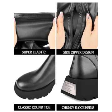 CouieCuies Women's Over the Knee Boots Black Thigh High Boots Platform Knee High Lug Sole Comfortable Stretch Mid Heel Zipper 7.5