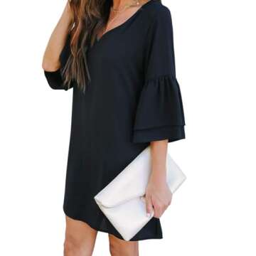 BELONGSCI Women's 2025 Summer Dress Sweet & Cute V-Neck Bell Sleeve Shift Dress Mini Dress, Perfect ...