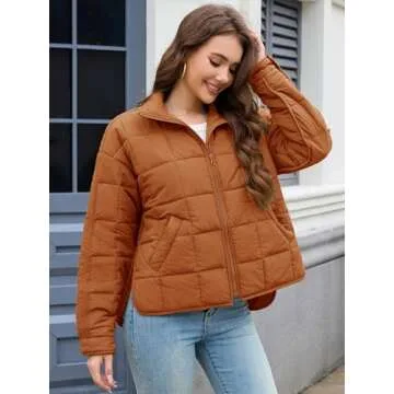 Muchpow Women's Lightweight Down Coat Long Sleeve Full Zipper Oversized Packable Short Puffer Jackets(Orange,Medium)