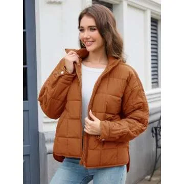 Muchpow Women's Lightweight Down Coat Long Sleeve Full Zipper Oversized Packable Short Puffer Jackets(Orange,Medium)