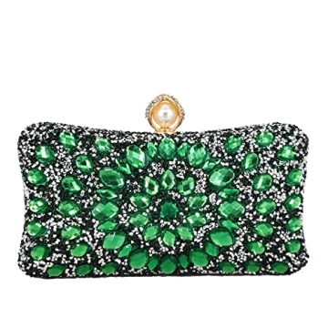 FGG Pearl Clasp Green Crystal Clutch - Elegant Evening Handbag for Women
