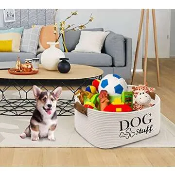 Geyecete Square Dog Toy Basket Storage Cotton Rope Storage Basket Pet/Pet Toy and Accessory Storage Bin Doy Toy Box-Beige