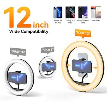 TODI 12" Ring Light with 63" extendable Tripod Stand, Selfie Ring Light with Phone Holder and Wireless Remote, 2-in-1 Dimmable LED Ring Light and Selfie Stick for Makeup, Live Stream, Photography