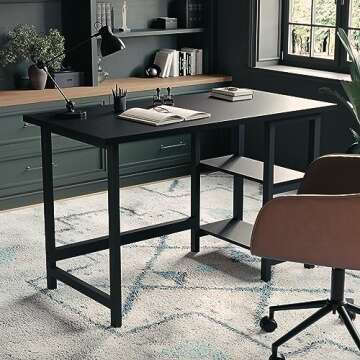 Martha Stewart Beckett Modern Trestle Desk with Open Side Shelving in Black Wood Grain Finish