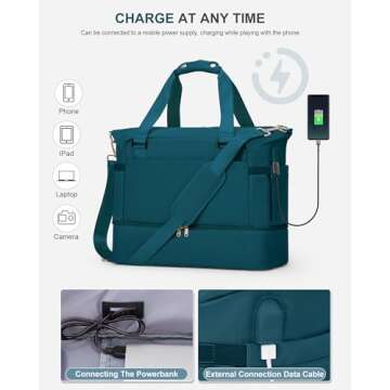 Weekender Bags for Women, Travel Duffel with Shoe Compartment USB Charging, Carry On Gym Duffle Bag with Wet Pocket, Personal Item Overnight Tote Bag for Airlines, Peacock Blue