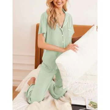 Ekouaer Women Pajamas Set Button Down Sleepwear Short Sleeve Nightwear with Long Pants Soft Pjs Set S-XXL Ice green XL