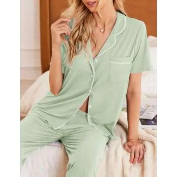 Ekouaer Women Pajamas Set Button Down Sleepwear Short Sleeve Nightwear with Long Pants Soft Pjs Set S-XXL Ice green XL