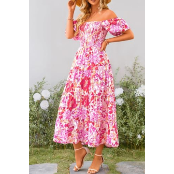 PRETTYGARDEN Women's Summer Midi Dress Floral Rose Red