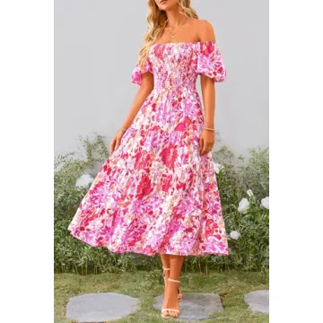PRETTYGARDEN Women's Summer Midi Dress Floral Rose Red