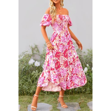 PRETTYGARDEN Women's Summer Midi Dress Floral Rose Red