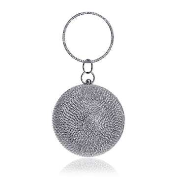 Sparkling Round Clutch Purse Women Crystal Evening Bag for Wedding Party, Silver, Small