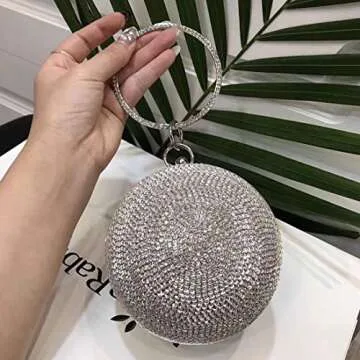 Sparkling Round Clutch Purse Women Crystal Evening Bag for Wedding Party, Silver, Small