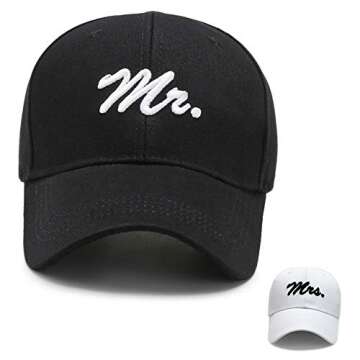 Mr and Mrs Hats, Bride and Groom Caps, Newlywed Honeymoon Gift, Wedding Baseball Caps and Can Coolers, Bachelorette Party Hat, His and Her Hats (Black and White)