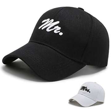 Mr and Mrs Hats, Bride and Groom Caps, Newlywed Honeymoon Gift, Wedding Baseball Caps and Can Coolers, Bachelorette Party Hat, His and Her Hats (Black and White)