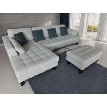 Stendmar 3pc Contemporary Grey Microfiber Fabric Sectional Sofa Chaise Ottoman S168LG