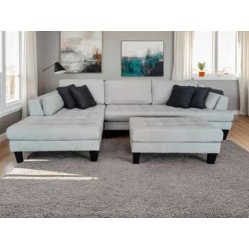 Stendmar 3pc Contemporary Grey Microfiber Fabric Sectional Sofa Chaise Ottoman S168LG