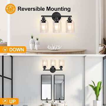 Bathroom Light Fixtures Black Vanity Light, 3 Light Wall Sconces Lighting Bathroom Lights with Clear Glass Shades, Bath Wall Lights Wall Lamp for Mirror, Kitchen, Living Room, Bedroom, Hallway