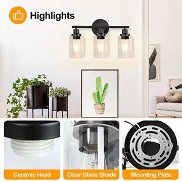 Bathroom Light Fixtures Black Vanity Light, 3 Light Wall Sconces Lighting Bathroom Lights with Clear Glass Shades, Bath Wall Lights Wall Lamp for Mirror, Kitchen, Living Room, Bedroom, Hallway