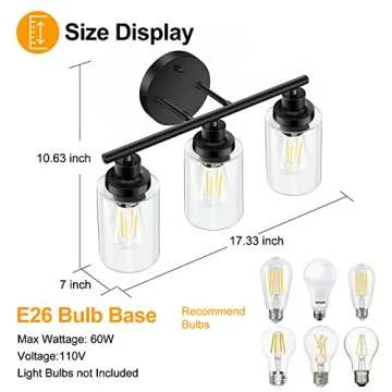 Bathroom Light Fixtures Black Vanity Light, 3 Light Wall Sconces Lighting Bathroom Lights with Clear Glass Shades, Bath Wall Lights Wall Lamp for Mirror, Kitchen, Living Room, Bedroom, Hallway