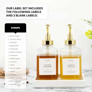 Molimoli Square Coffee Syrup Dispenser for Coffee Bar, Coffee Pump Dispenser, Glass Syrup Bottle w. Pump, 16.9 oz 500 ml, Set of 2, Gold Upgraded Pump