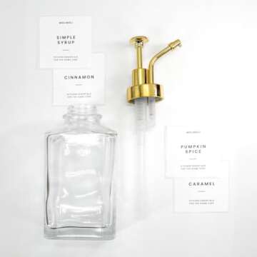 Molimoli Square Coffee Syrup Dispenser for Coffee Bar, Coffee Pump Dispenser, Glass Syrup Bottle w. Pump, 16.9 oz 500 ml, Set of 2, Gold Upgraded Pump