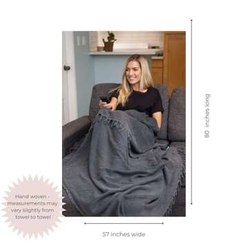 InfuseZen Stonewashed Turkish Throw Blanket - 100% Organic Turkish Cotton - 80" x 57" - Soft, Lightweight, Cozy - for Love Seat, Sofa, Picnic, Yoga - Sand Free Absorbent Beach Blanket - Charcoal Grey