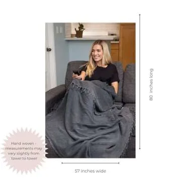 InfuseZen Stonewashed Turkish Throw Blanket - 100% Organic Turkish Cotton - 80" x 57" - Soft, Lightweight, Cozy - for Love Seat, Sofa, Picnic, Yoga - Sand Free Absorbent Beach Blanket - Charcoal Grey