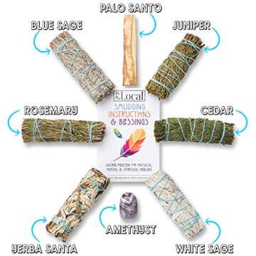 Sage Variety Pack - White Sage, Blue Sage, Yerba Santa, Cedar, Juniper & Palo Santo Smudge Sticks + Amethyst | Smudging Kit (Variety Sages)