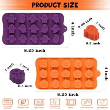 HUAKENER 4 Pack Halloween Candy Molds, Silicone Pumpkin Mold, Ghost Chocolate Mold, Halloween Silicone Molds for Chocolate, Candy, Jelly, Wax Melt, Ice Cubes, Cake Decorations