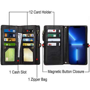 DKDKSIP Compatible with iPhone 13 Pro Max Wallet Case (6.7 inch), [RFID Blocking] Multi-Function 2 in 1 Detachable Magnetic Case, PU Leather with Crossbody Strap Zipper 12 Card Holder, Black