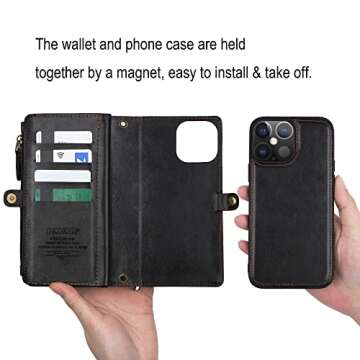 DKDKSIP Compatible with iPhone 13 Pro Max Wallet Case (6.7 inch), [RFID Blocking] Multi-Function 2 in 1 Detachable Magnetic Case, PU Leather with Crossbody Strap Zipper 12 Card Holder, Black