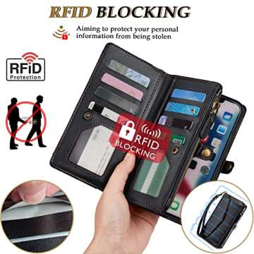 DKDKSIP Compatible with iPhone 13 Pro Max Wallet Case (6.7 inch), [RFID Blocking] Multi-Function 2 in 1 Detachable Magnetic Case, PU Leather with Crossbody Strap Zipper 12 Card Holder, Black