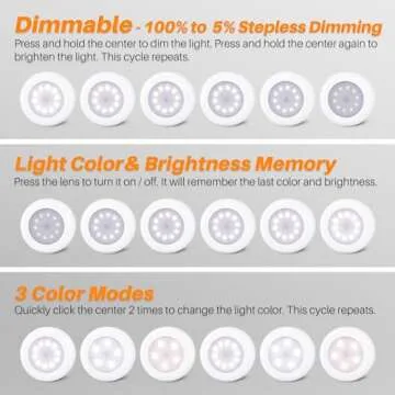 STAR-SPANGLED 4 Pack 3.1” Dimmable Push Tap Lights, Stick on LED Touch Puck Lights AA Battery Operated, 3 Color Modes Sticky Button Lamps for Classroom, Kitchen, Under Cabinet, Closet