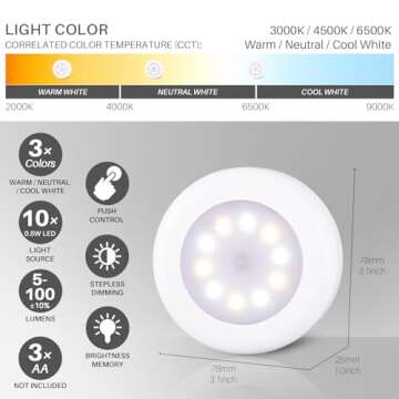 STAR-SPANGLED 4 Pack 3.1” Dimmable Push Tap Lights, Stick on LED Touch Puck Lights AA Battery Operated, 3 Color Modes Sticky Button Lamps for Classroom, Kitchen, Under Cabinet, Closet