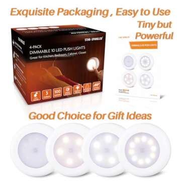STAR-SPANGLED 4 Pack 3.1” Dimmable Push Tap Lights, Stick on LED Touch Puck Lights AA Battery Operated, 3 Color Modes Sticky Button Lamps for Classroom, Kitchen, Under Cabinet, Closet