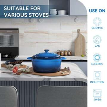 Miereirl 4.5 QT Enameled Dutch Oven Pot with Lid, Cast Iron Dutch Oven with Dual Handles for Bread Baking, Cooking, Non-stick Enamel Coated Cookware (Dark Blue)