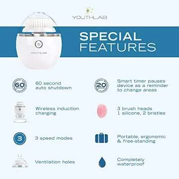 YouthLab Pure Radiance, Vibrating Facial Cleansing Brush, Electric, 3 Modes, 3 Brush Heads (2 Bristle,1 Silicone), Waterproof, Rechargeable, Smart Timer, Exfoliating, Massage (Silver)