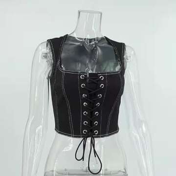 Black Denim Sexy Tank Top Women Lace Up Bandage Bodycon Crop Tops Corset Blouse (Small)