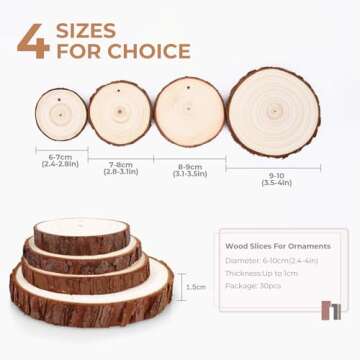 Wood Slices 30 Pcs 3.5-4 Inch Natural Wood Rounds Wooden Circles for Crafts Christmas Ornaments Unfinished Wood Kit with Predrilled Hole for DIY Arts Painting Centerpieces (3.5-4 inch)