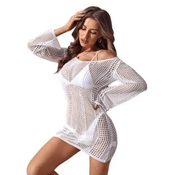Floerns Women's Crochet Cover Up Long Sleeve Hollow Out Bikini Swimsuit Beach Cover Up Swimwear White XS