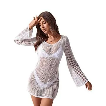 Floerns Women's Crochet Cover Up Long Sleeve Hollow Out Bikini Swimsuit Beach Cover Up Swimwear White XS