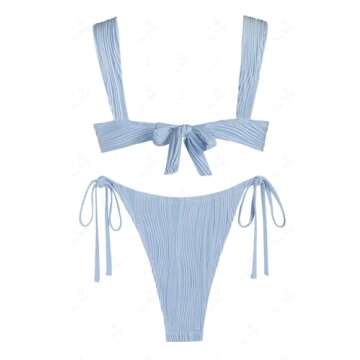 seamoly Two Piece Swimsuit for Women Wide Straps Wireless Bikini Set Solid High Cut Tie Side Thong Swimwear Light Blue Medium
