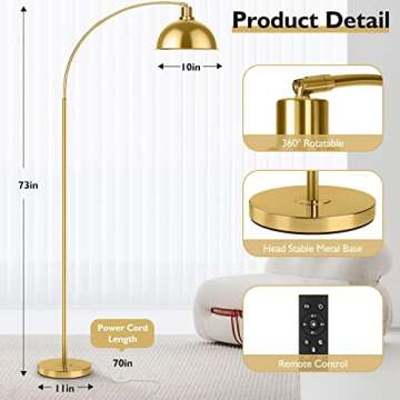 Arc Floor Lamps for Living Room, Modern Tall Standing Lamp Remote Control,Stepless Dimmable Gold Flo...