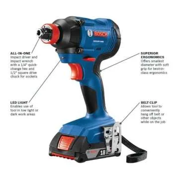 BOSCH GXL18V-496B22 18V 4-Tool Combo Kit with Compact Tough 1/2 In. Drill/Driver, Two-In-One 1/4 In. and 1/2 In. Bit/Socket Impact Driver, Compact Reciprocating Saw, LED Worklight and 2 Ah Batteries
