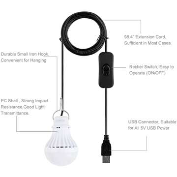 Onite USB LED Light Bulb, 5W Warm White Camping Lantern, Portable Solar Powered Outdoor Light, Essential Hiking Survival Gear, USB Lamp for Backyard, Garage, Van, Tent, and Power Stations