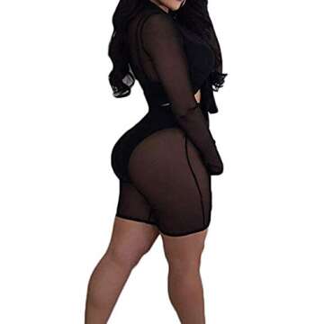 Women Sexy Mesh Bodycon Leotard Romper Crew Neck 2 Piece Jumpsuit Playsuit Bikini Cover Up Lingerie Set (L, Tie Knot Front)