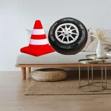 Creative Road Cone Plush Safety Traffic Pillow Soft 3D Simulation Wheel Tire Pillow Racing Room Traffic Cone Shaped Throw Pillow Cute Red Roadblock Plush Pillows for Car Home Decor (Cone++Wheel)