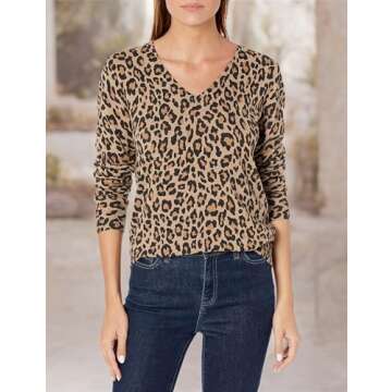 Amazon Essentials Women's Classic-Fit Lightweight Long-Sleeve V-Neck Sweater (Available in Plus Size), Camel Leopard, Medium